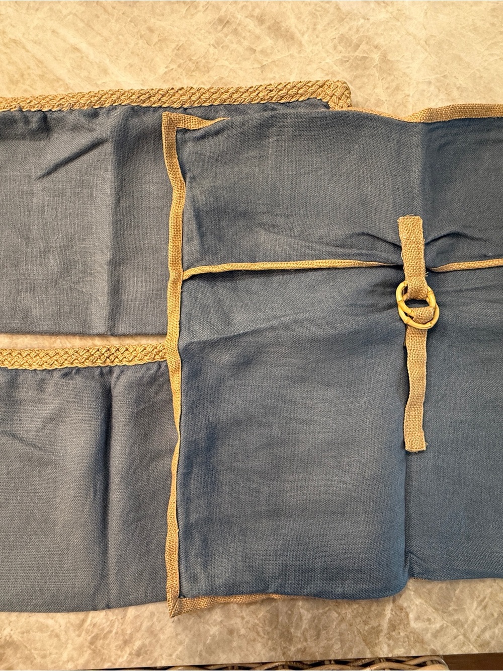 3 Pottery Barn 22x22 Blue Linen Pillow Covers with Burlap and braided Trim